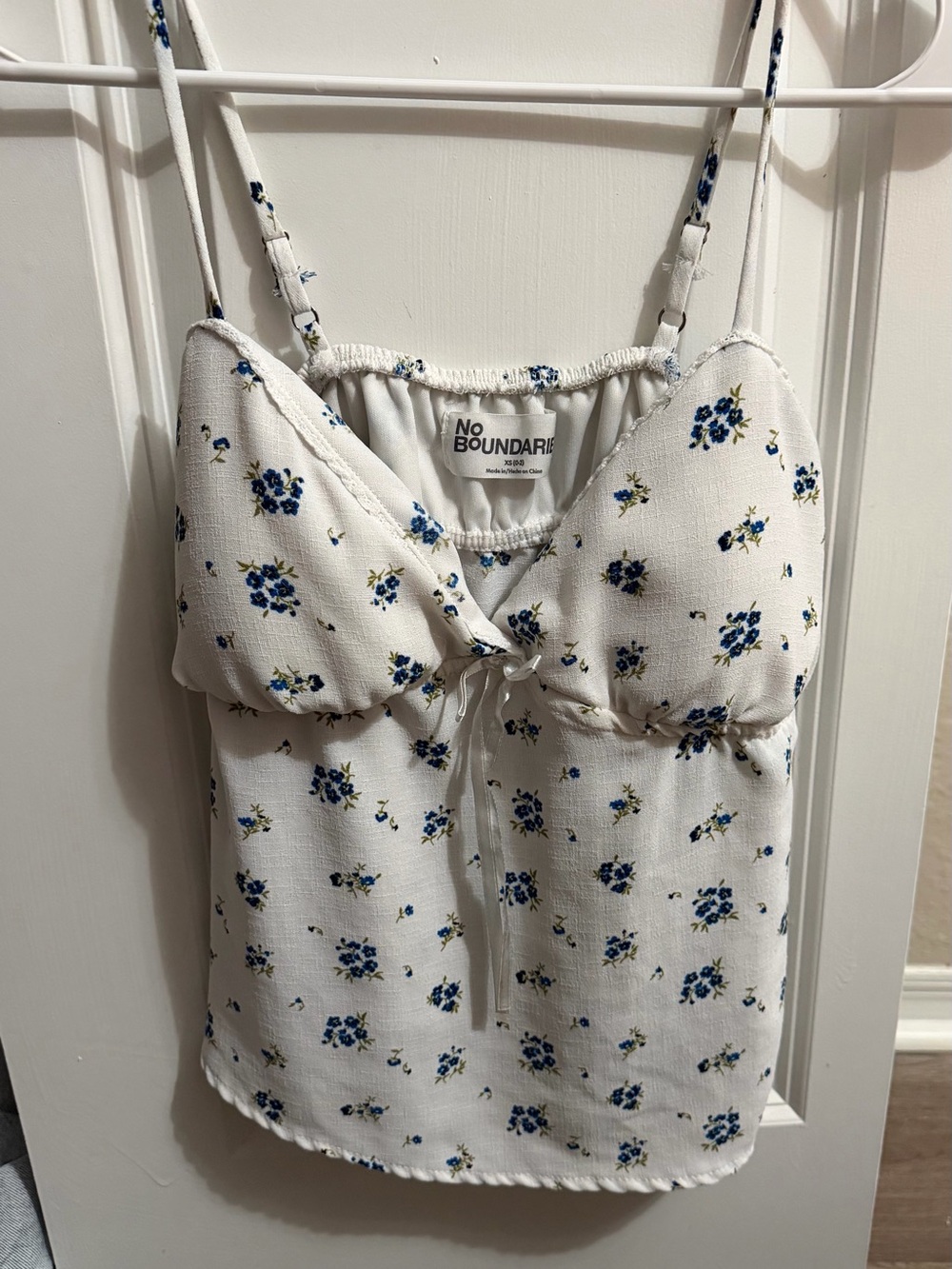 No Boundaries White Cami with Blue Floral Print and Tie Front